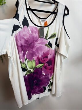 Avenue White Floral Cold-Shoulder Tank with Pink & Purple Blooms
